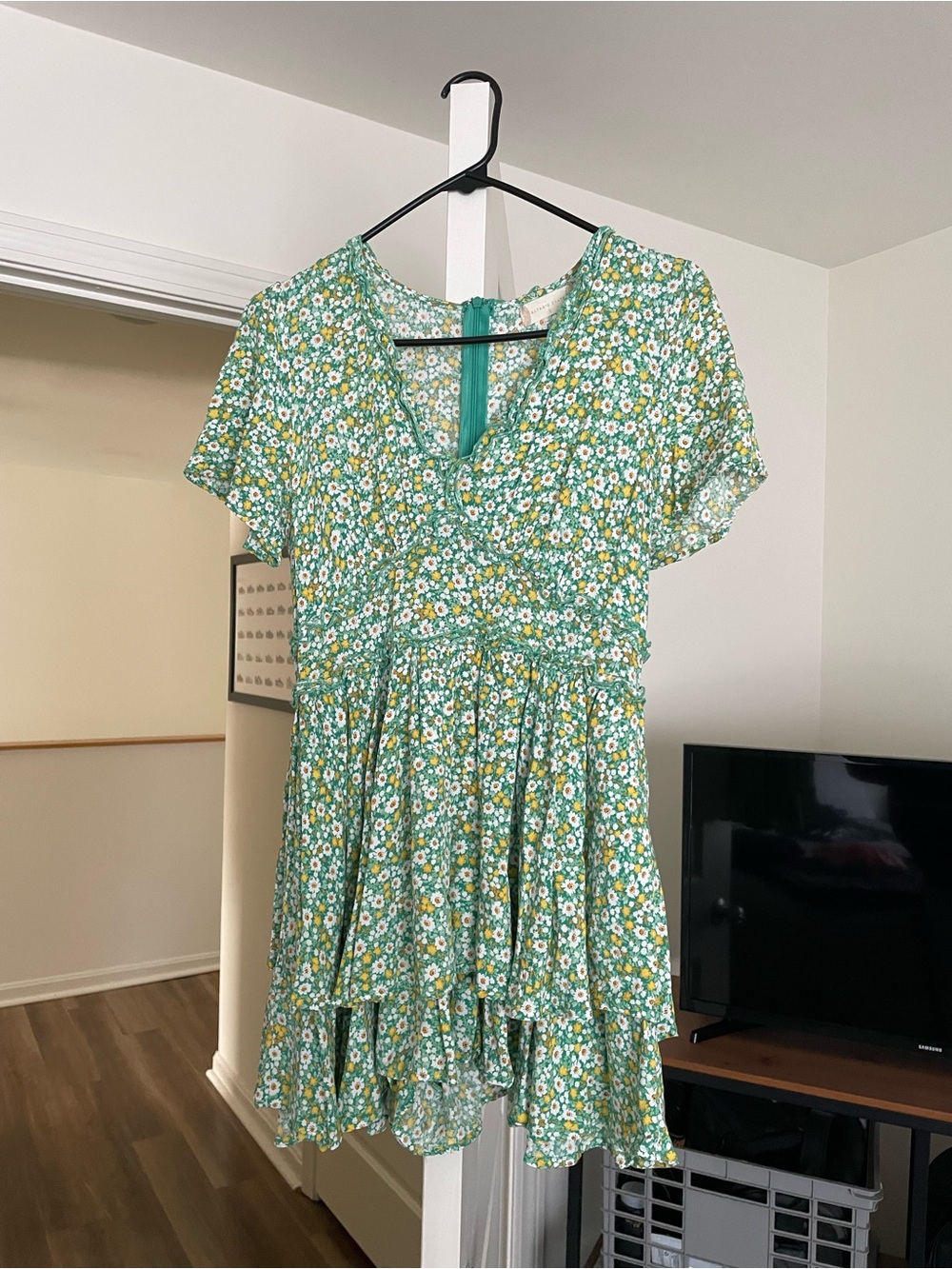Altar'd State Green Floral V-Neck Tiered Romper